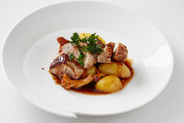 Plated roasted pork loin with potatoes and chanterelle mushrooms