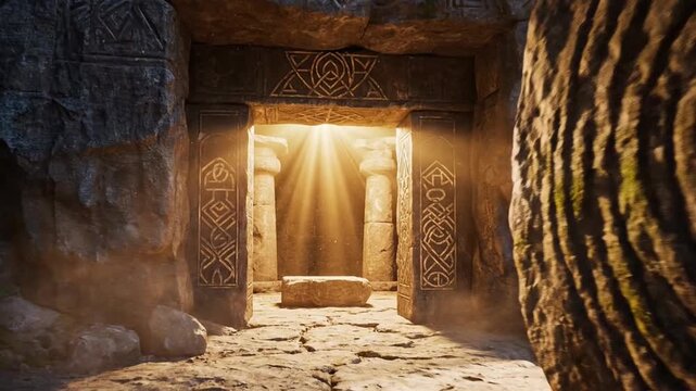 Ancient carved stone entrance with rolling boulder and mystical golden light