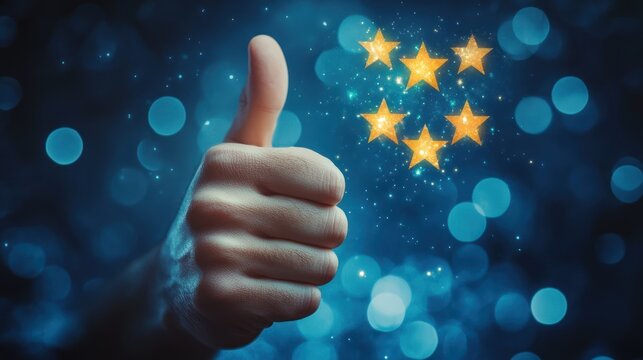 Hand giving thumbs up with stars, positive feedback, online approval