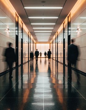 A blurred motion image of business people walking down a modern office hallway