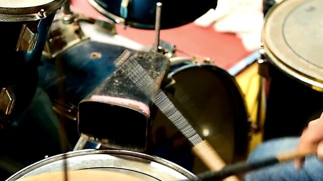 Close up Drummer playing on drum set drum Drum Cymbals black clothes sits behind a drum kit and beats drumsticks on different cymbals hihat rythm