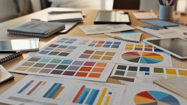 Color palette cards and business data analysis graphs on a conference table in a meeting room with blurred background