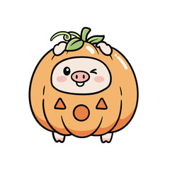 Obraz premium Cute baby pig in pumpkin costume character for Halloween decoration