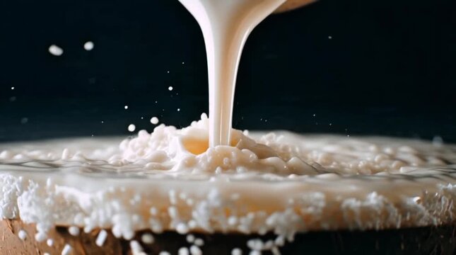 Dynamic close-up shot of a rich, white creamy liquid being poured, creating an energetic splash and captivating ripples on the surface, showcasing its smooth texture and mesmerizing motion