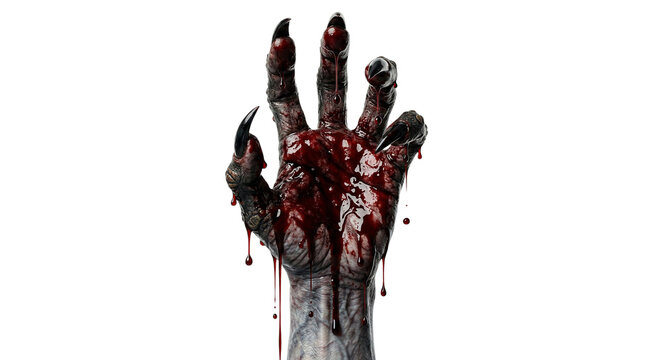 Bloody zombie hand rising with sharp claws extended upwards in horror
