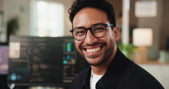 Laugh, glasses and face of businessman in office with confidence for coding career. Happy, opportunity and portrait of male web developer with pride for programming job development at agency.