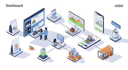 Obraz premium Isometric illustration depicting a digital dashboard connecting various stages of agricultural production, from farming and processing to distribution and sales, highlighting technology integration.