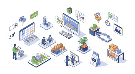 Fototapeta premium Isometric illustration depicting a comprehensive digital ecosystem for sustainable agriculture and supply chain management, showcasing technology integration from farm to table.