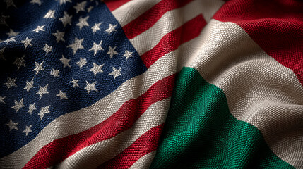 Obraz premium Cultural exchange event featuring american and hungarian flags symbolizing unity close-up fabric texture artistic representation