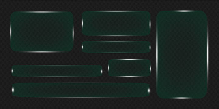 3D green liquid glass buttons with a transparent neon futuristic effect, isolated on dark background. Neon liquid glass frame, UI UX elements for phone app or game interfaces. 3D tech digital vector