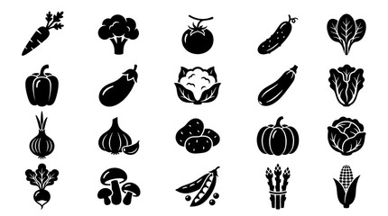 Assorted Vegetable Icons in Black Silhouette.