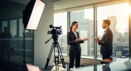 Interview in a modern office with city views, filming equipment visible