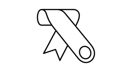 Fototapeta premium Simple black line art vector illustration of a curved award ribbon graphic with a cut end and a circular detail, perfect for achievement designs.