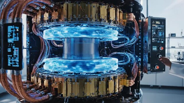 Scientist interacting with advanced technology device in laboratory setting with glowing blue lights and screens