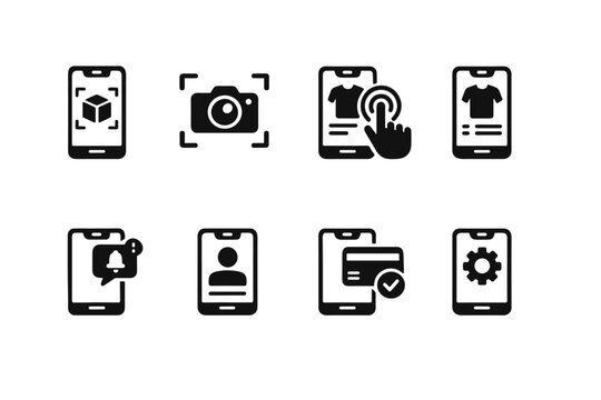 Mobile AR Icons. Mobile AR Shopping App. Filled icon set of Mobile AR Shopping App: smartphone ar view, camera