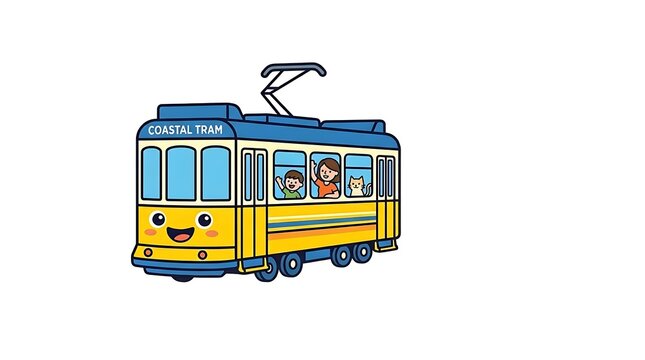 Smiling Cartoon Trolley on White Background.