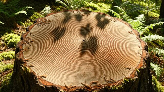 Close up view of tree stump cut with concentric rings surrounded by moss and ferns in forest sunlight