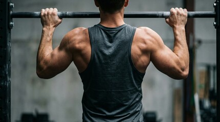 Man Performing a Pull-Up Exercise, Showcasing Muscular Back and Shoulders at Gym