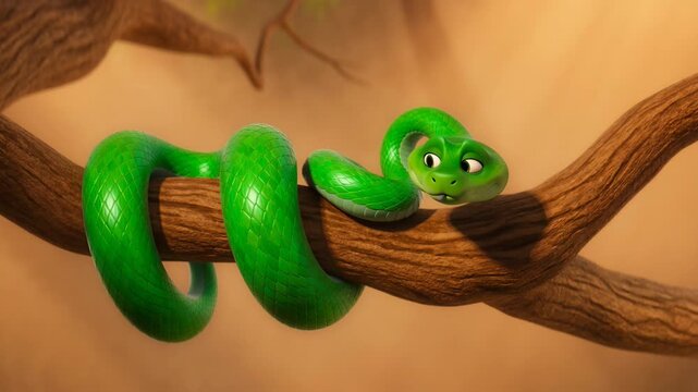 Cute animated green snake coiled on branch serene nature scene playful animal character design rendered for children education