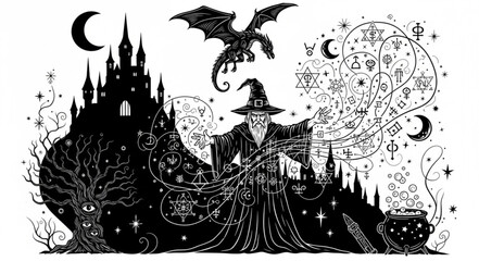 Mystical wizard conjuring magic with dragon and castle in dark fantasy scene. © ganis