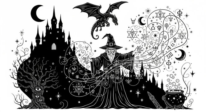 Mystical wizard conjuring magic with dragon and castle in dark fantasy scene.