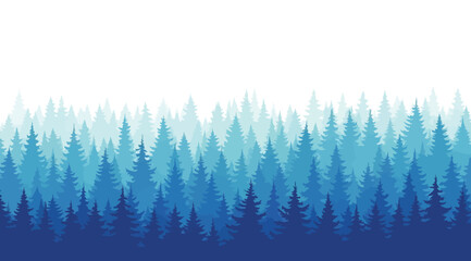 Gradient blue ombre forest landscape with evergreen trees on white background © Saharia