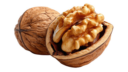Walnuts' Delight: Capturing the intricate textures and earthy tones of ripe walnuts, one whole, the other opened to reveal its wholesome goodness.