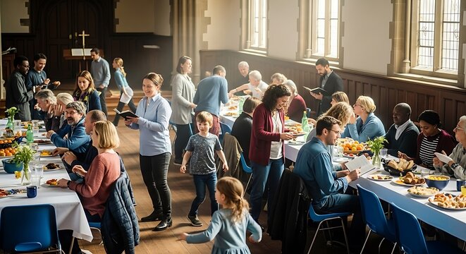 Diverse Group Attending Community Meal in Bright Church Hall