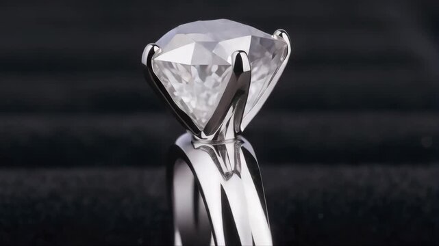 a diamond engagement ring on a black background symbolizes love and fashion through a luxury glass object