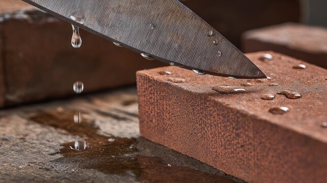 whetstone. An old sharpening stone with water droplets and a knife blade in a workshop. safety posters, maintenance manuals, designed for precision metalworking and fabrication facilities.
