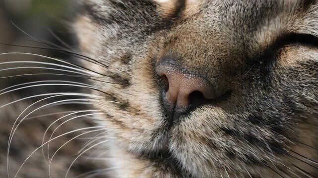 Close up portrait of a cute grey tabby feline nose with long whiskers looking forward as a domestic pet animal mammal