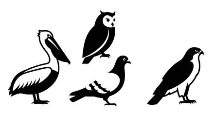 Fototapeta premium Diverse Bird Silhouettes Set: Pelican, Owl, Pigeon, Falcon Vector Icons