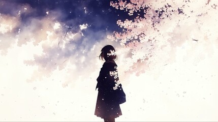 満開の桜の下に佇む女性のシルエットと美しい春の空。