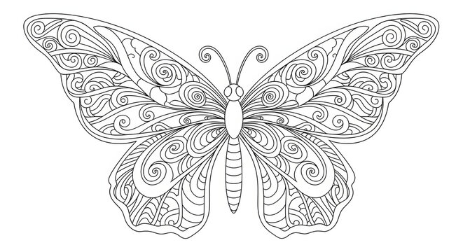 Intricate line art of a butterfly with swirling patterns on its wings and body transparent background