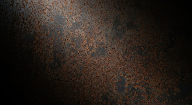 A dark, moody 3d rendered close-up of a heavily rusted metal surface, creating an abstract grunge background.
