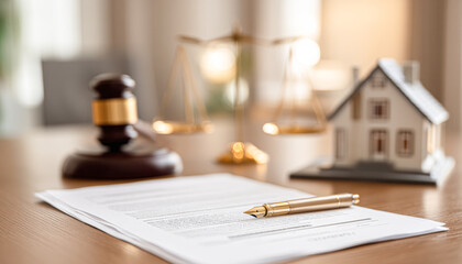 Legal documents, a pen, a gavel, and a small house model on a wooden desk symbolize real estate law and property agreements.
