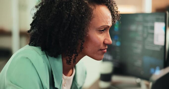 Thinking, woman and computer for programming in office with research, software manual and coding. Female person, reading and troubleshooting server with pc, website maintenance and debugging system