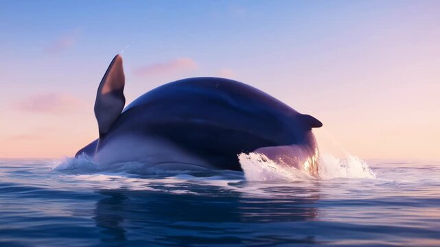 Dolphin emerging from ocean waters during a calm and colorful sunset sky,back view,ocean life,aquatic wildlife