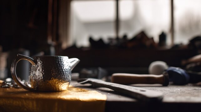 unfinished. An unfinished silver teapot with hammered texture resting on a gilded workbench. safety posters, maintenance manuals, designed for industrial assembly lines and welding operations.
