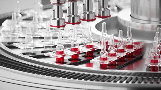Automated production line filling red vaccine bottles. Seamless pharmaceutical loop animation with industrial machinery.