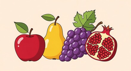 Colorful Fruits Arrangement Apple Pear Grapes Pomegranate.