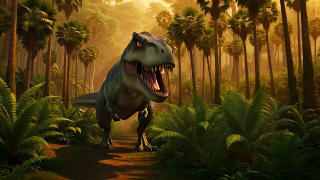 Encounter with a tyrannosaurus rex roaming through a dense prehistoric jungle scene