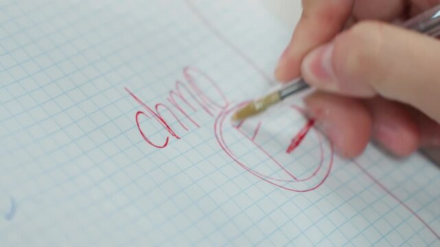 student hand erasing red F on graph paper notebook, closeup fingertip rubbing mark with eraser brush, tense study atmosphere, chemistry note, classroom desk, homework correction and revision