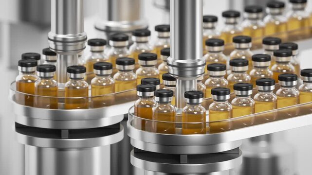 Conveyor belt moving yellow medical bottles. Close-up pharmaceutical industry loop animation.