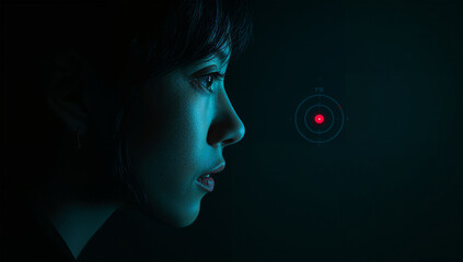 ローキー照明で浮かぶ日本人女性の横顔と赤い目標の緊張感