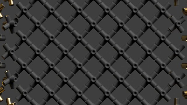 This elegant video loop showcases a dark 3D grid with shimmering gold accents. The subtle motion of the metallic elements creates a premium and sophisticated feel.