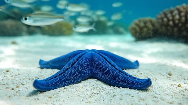Vibrant Blue Starfish Rests on Sandy Ocean Floor Amidst Coral Reef and Small Fish Swimming in Clear Blue Water.
