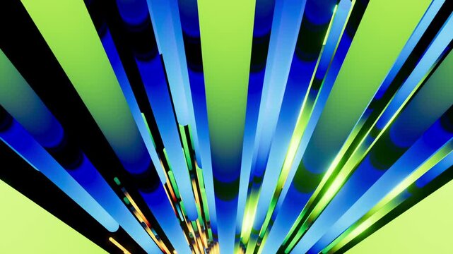 Golden and green glowing lines form a twisting tunnel in the dark. The motion is smooth and looks like a flowing digital river. 3D render motion.
