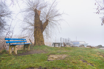blue park bench on the shore of lake with reed, on a misty day with jetty in background © Dieter