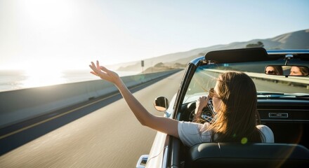 Naklejka premium Woman enjoys a coastal drive with top down on a sunny day